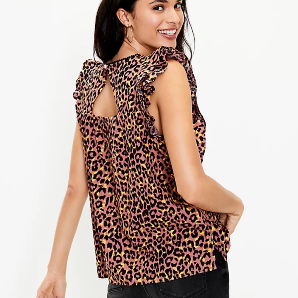 Loft Leopard Print Cutout Back Ruffle Shell Size … - image 1